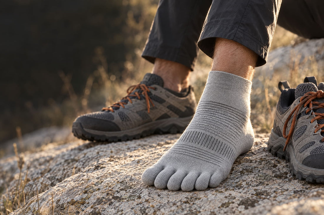 Senderista sentado en una roca con un calcetín de cinco dedos y las zapatillas al lado