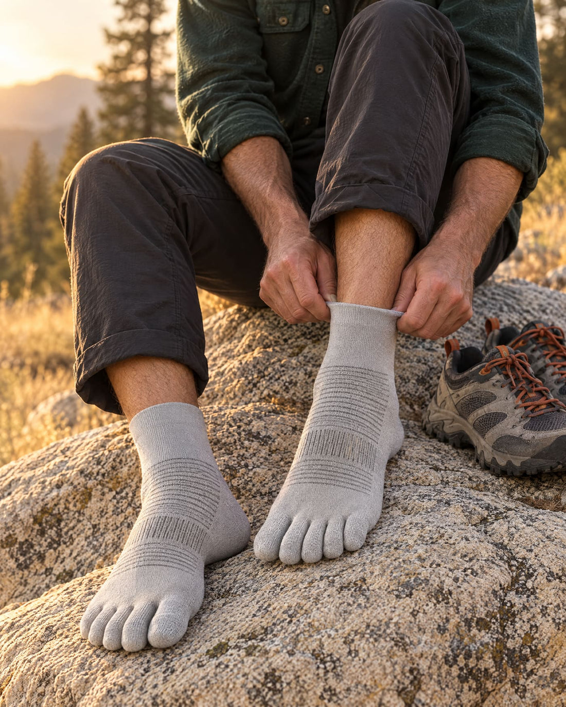 Una persona sentada en una roca se pone un calcetín de cinco dedos gris, con las zapatillas de trail al lado
