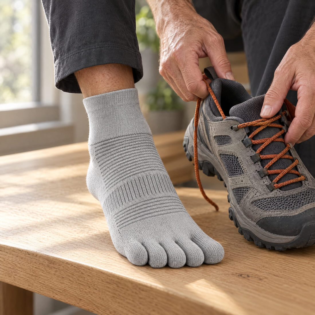 Una persona se calza una zapatilla de trail con un calcetín de cinco dedos puesto