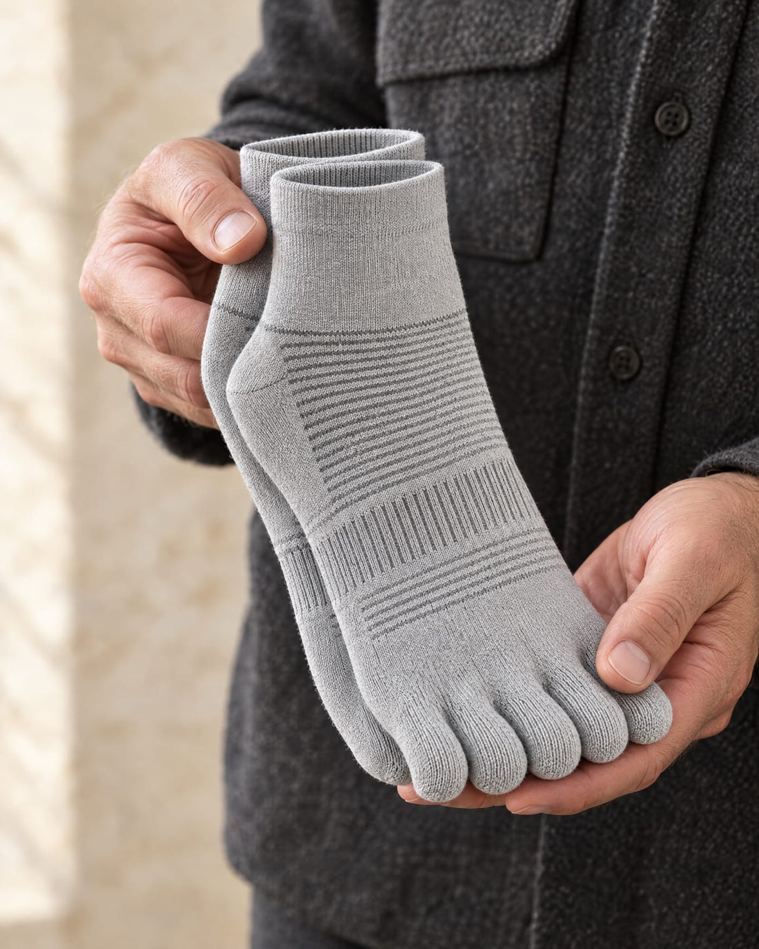 Unas manos sostienen un par de calcetines de cinco dedos