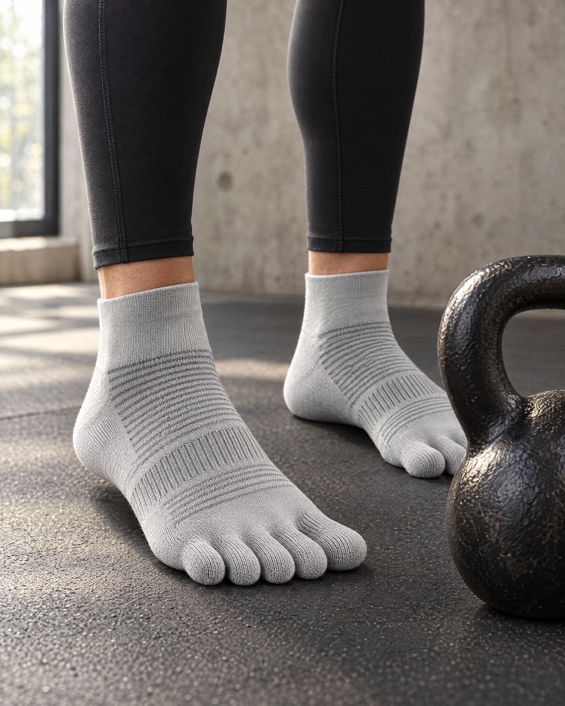 Pies con calcetines de cinco dedos sobre el suelo de un gimnasio junto a una pesa rusa