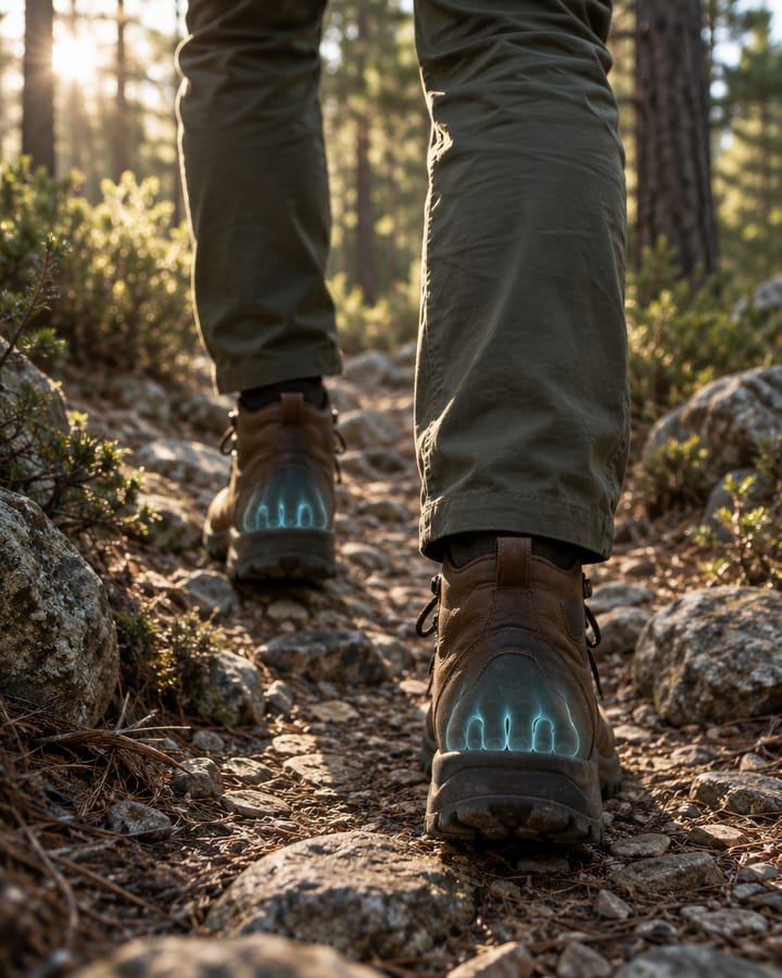 Botas de montaña por un sendero de piedras en un pinar; los cinco dedos brillan en cian a través de la bota
