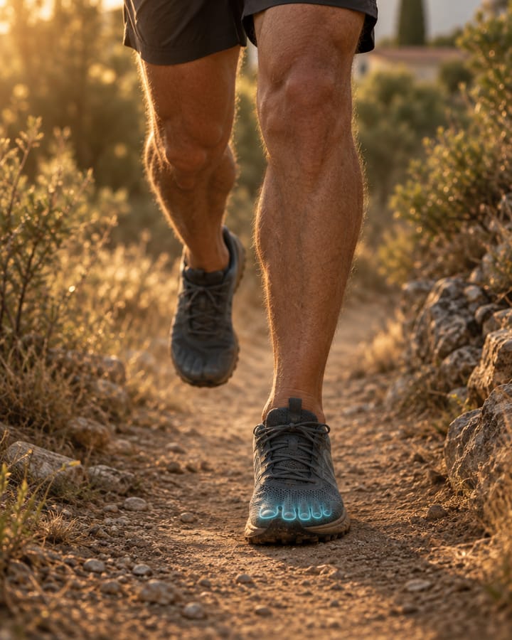 Una persona corre por un camino de tierra al atardecer con zapatillas de trail; los dedos brillan en cian a través de la zapatilla