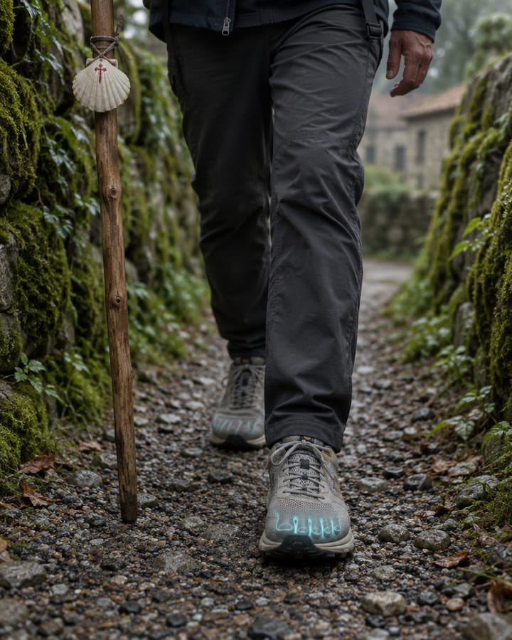 Una persona camina por un camino de grava entre muros de piedra con musgo, con bastón y concha de peregrino; los dedos brillan en cian a través de la zapatilla