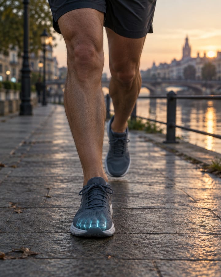 Una persona corre por un paseo junto al río al amanecer; los dedos brillan en cian a través de la zapatilla