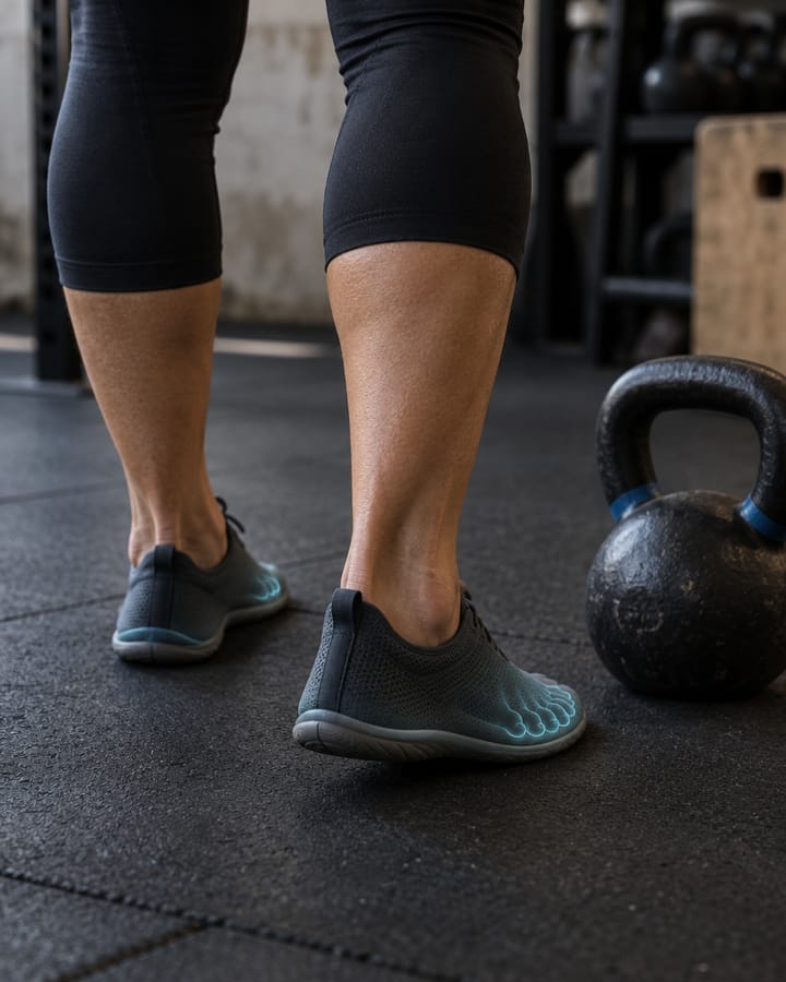 Pies con zapatillas de entrenamiento en el suelo de un gimnasio, junto a una pesa rusa; los dedos brillan en cian a través de la zapatilla