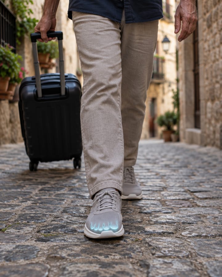 Una persona camina por una calle empedrada tirando de una maleta pequeña; los dedos brillan en cian a través de la zapatilla