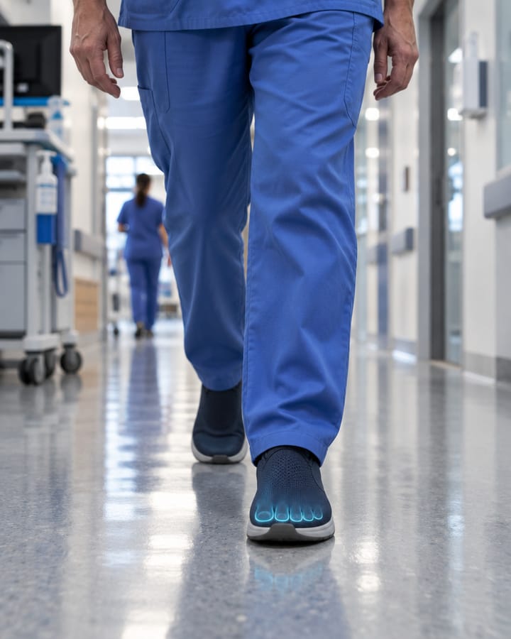 Una persona con pijama sanitario camina por el pasillo de un hospital; los dedos brillan en cian a través del zapato