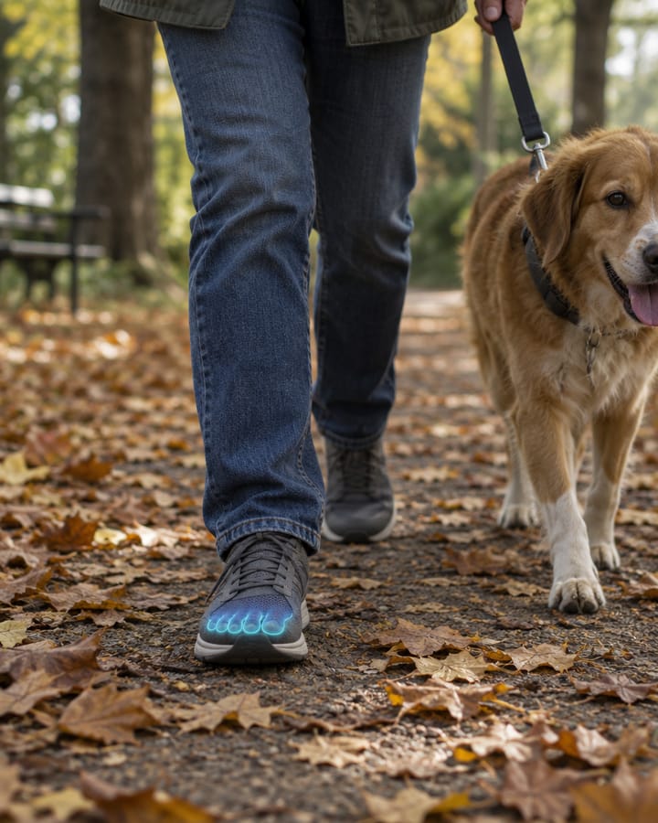 Una persona pasea a su perro por un parque con hojas de otoño; los dedos brillan en cian a través de la zapatilla